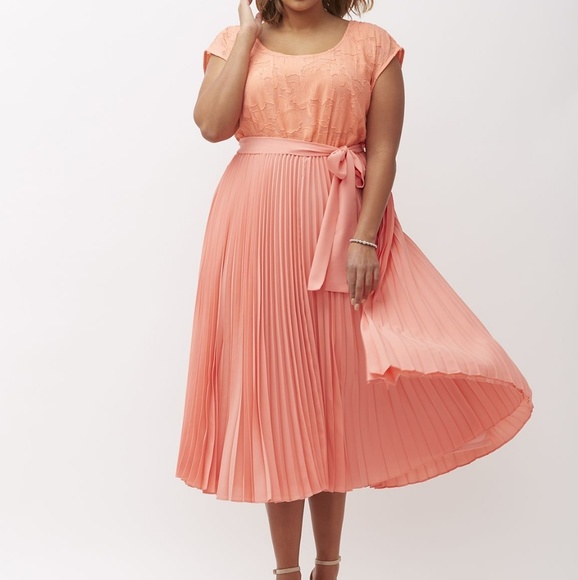coral pleated midi dress